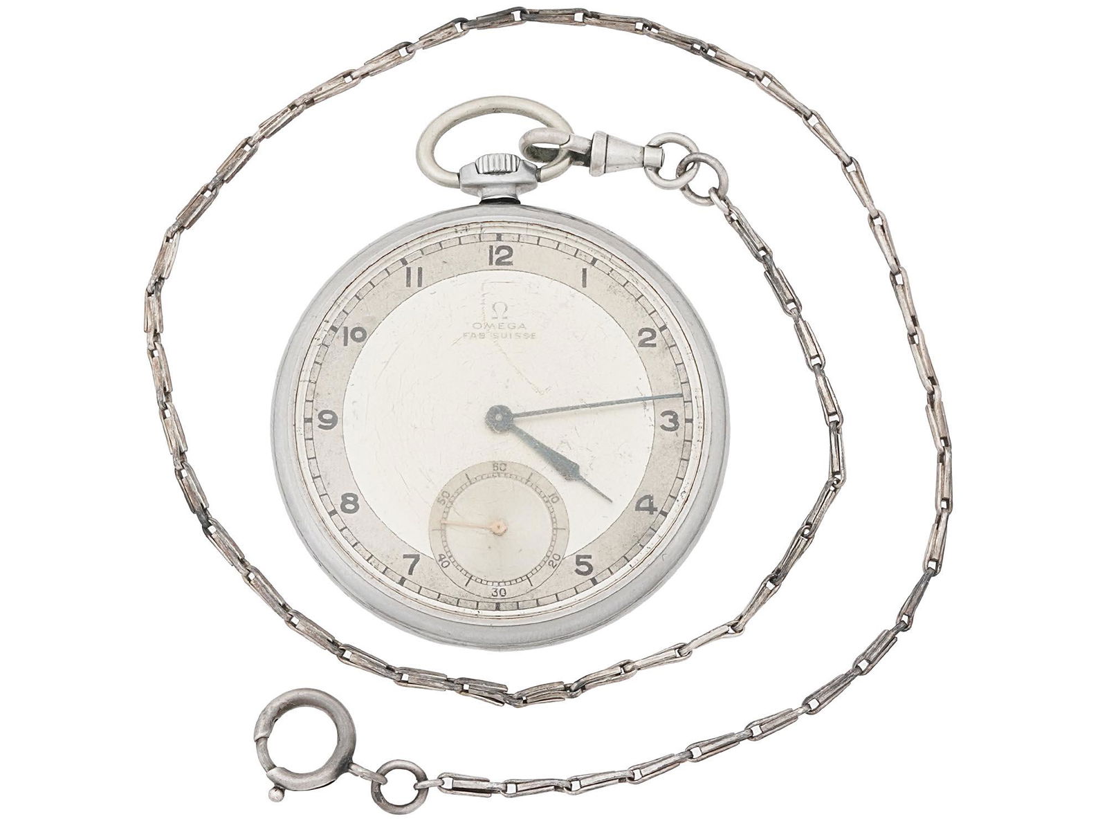 OMEGA SILVER AND STEEL POCKET WATCH W CHAIN 1930S (1 of 12)
