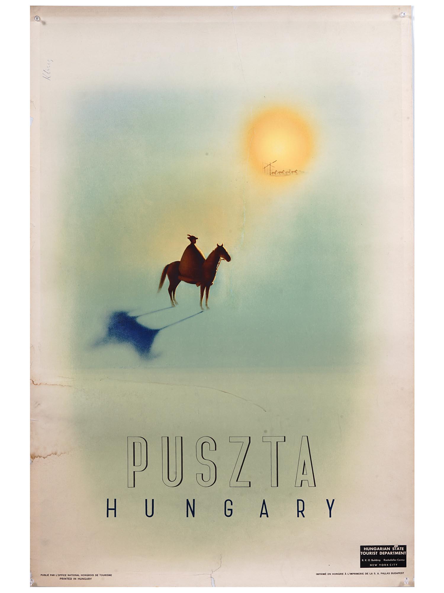 VINTAGE TRAVEL POSTER HUNGARIAN PUSZTA BY KLING: A 1930s color poster mounted on linen back. A tourist poster depicting a man on horseback in the steppe. Titled Puszta Hungary on the bottom. Technical inscriptions in French and English on the lower