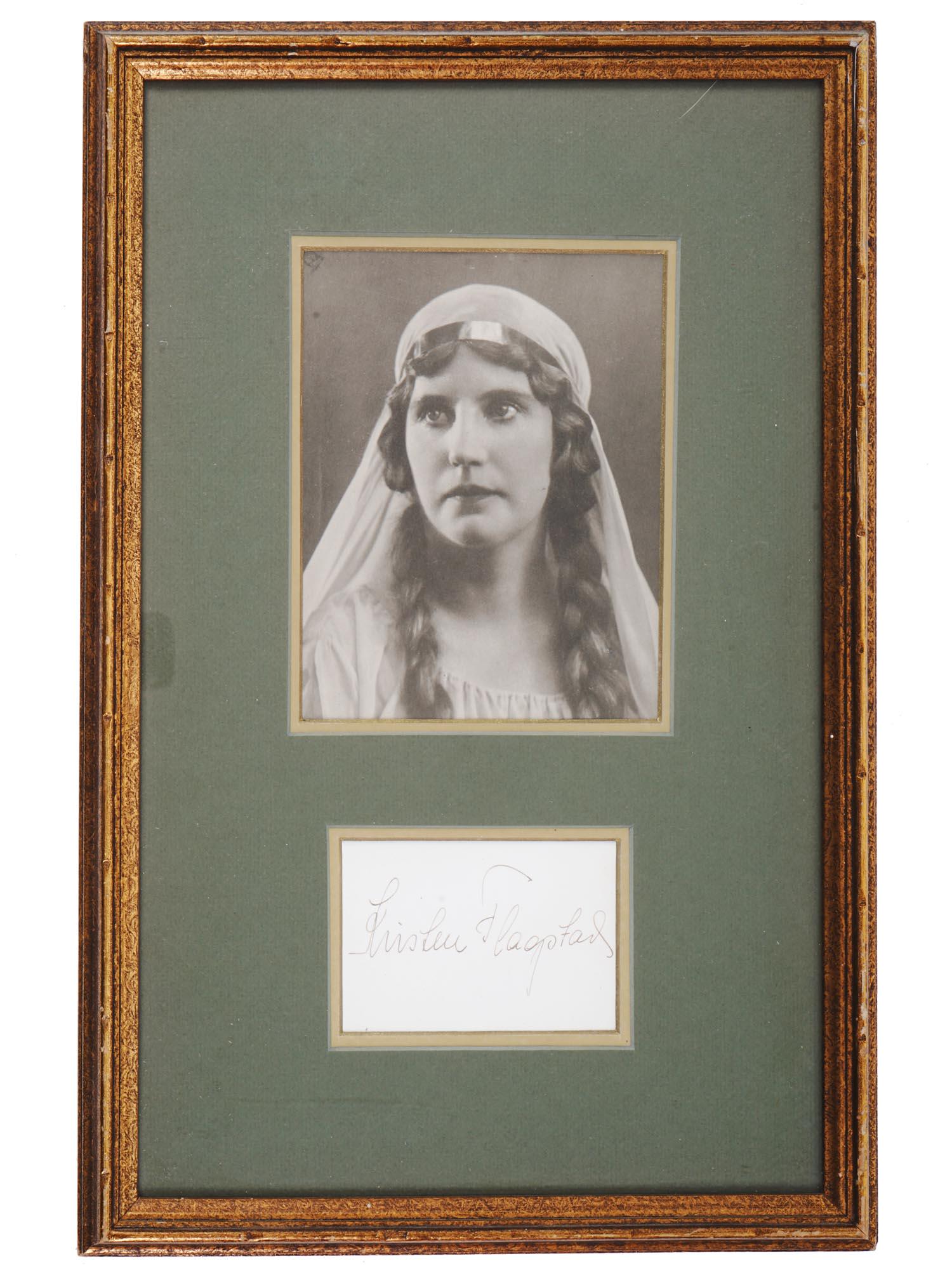 PHOTO PORTRAIT OF KIRSTEN FLAGSTAD WITH AUTOGRAPH: A black and white photograph depicting Kirsten Flagstad in the role of Isolde from the Richard Wagners opera Tristan und Isolde. The photo is framed together with Flagstads autograph. Kirsten Malfrid 