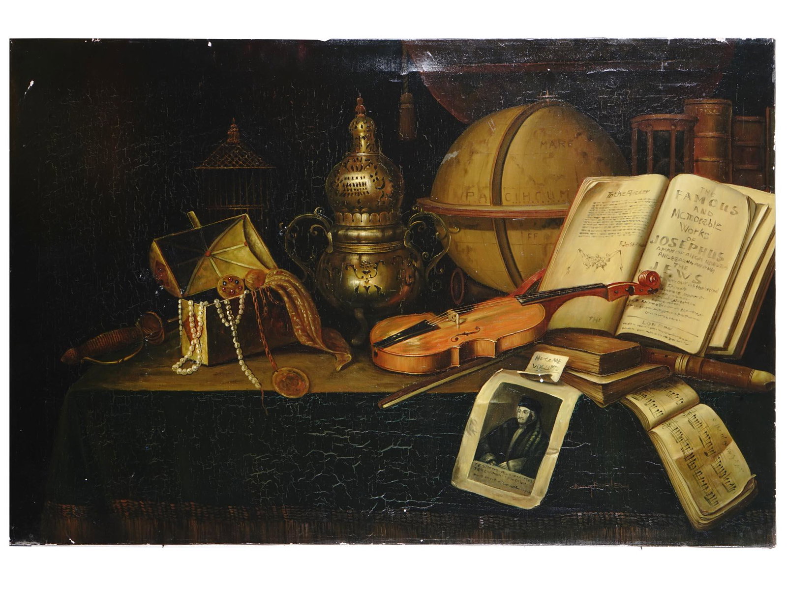 AMERICAN STILL LIFE OIL PAINTING BY JUDY FAIRLEDY: Judy Fairledy, American, 20th century artist, oil painting on canvas depicting a still life with various table wares, a violin, a book, jewelry, and others. Signed lower right. Judy Fairledy is an Ame