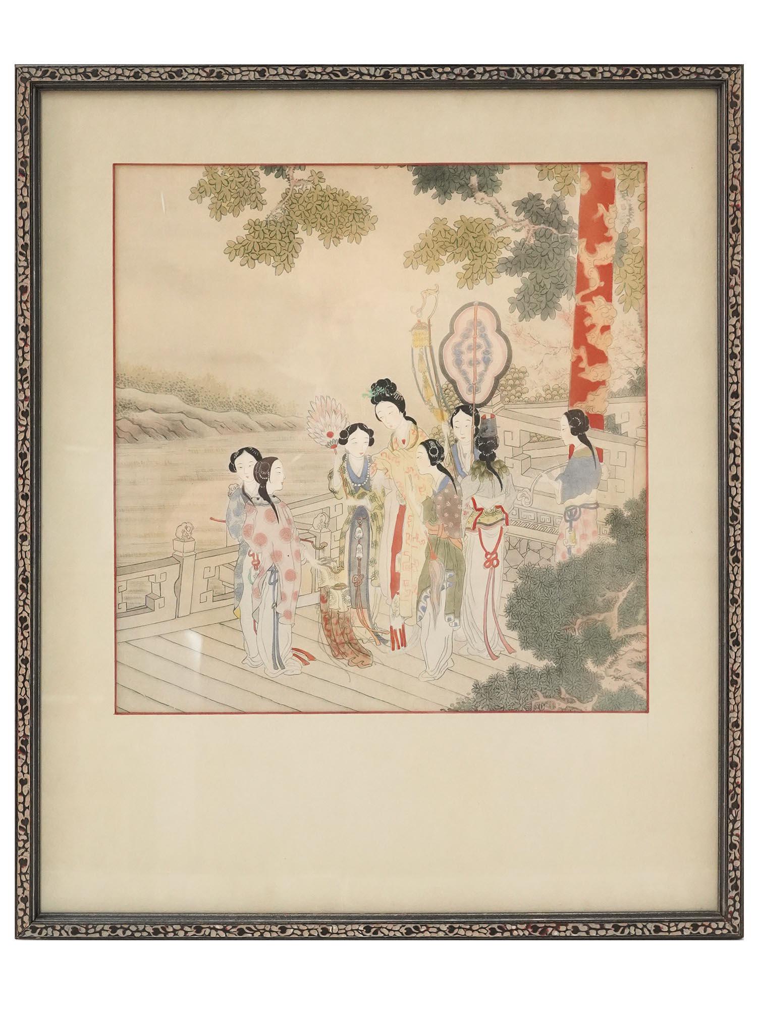 CHINESE GEISHA WATERCOLOR PAINTING ON SILK FRAMED (1 of 4)