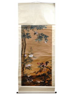 ANTIQUE JAPANESE SCROLL PAINTING AFTER JAKUCHU: An antique Japanese ink and color on silk scroll painting after Ito Jakuchu, 1716 to 1800, depicting a rooster and his family. Signed lower left and upper right. The numerous extant paintings of chick