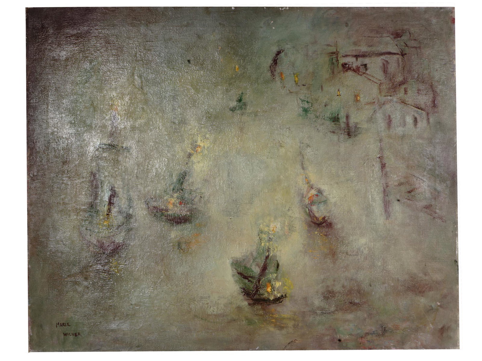 AMERICAN FIGURATIVE OIL PAINTING BY MARIE WILNER: Marie Wilner, American, 1910 to, oil painting on canvas depicting a Figurative composition with boats. Signed lower left. Marie Wilner was a well respected American painter in the Abstract Impressioni