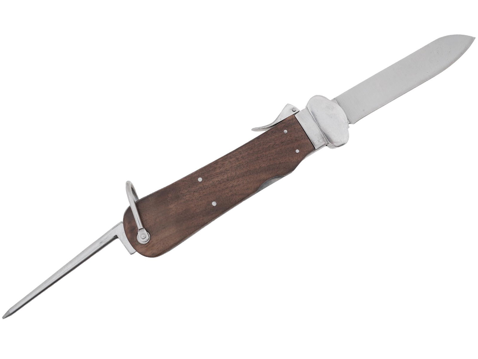 WWII GERMAN LUFTWAFFE PARATROOPER GRAVITY KNIFE: A World War II Nazi German gravity knife. Wooden handle, stainless steel blade and fittings. The blade is released by the lever on the side of the handle and slides in and out using gravity. There is 