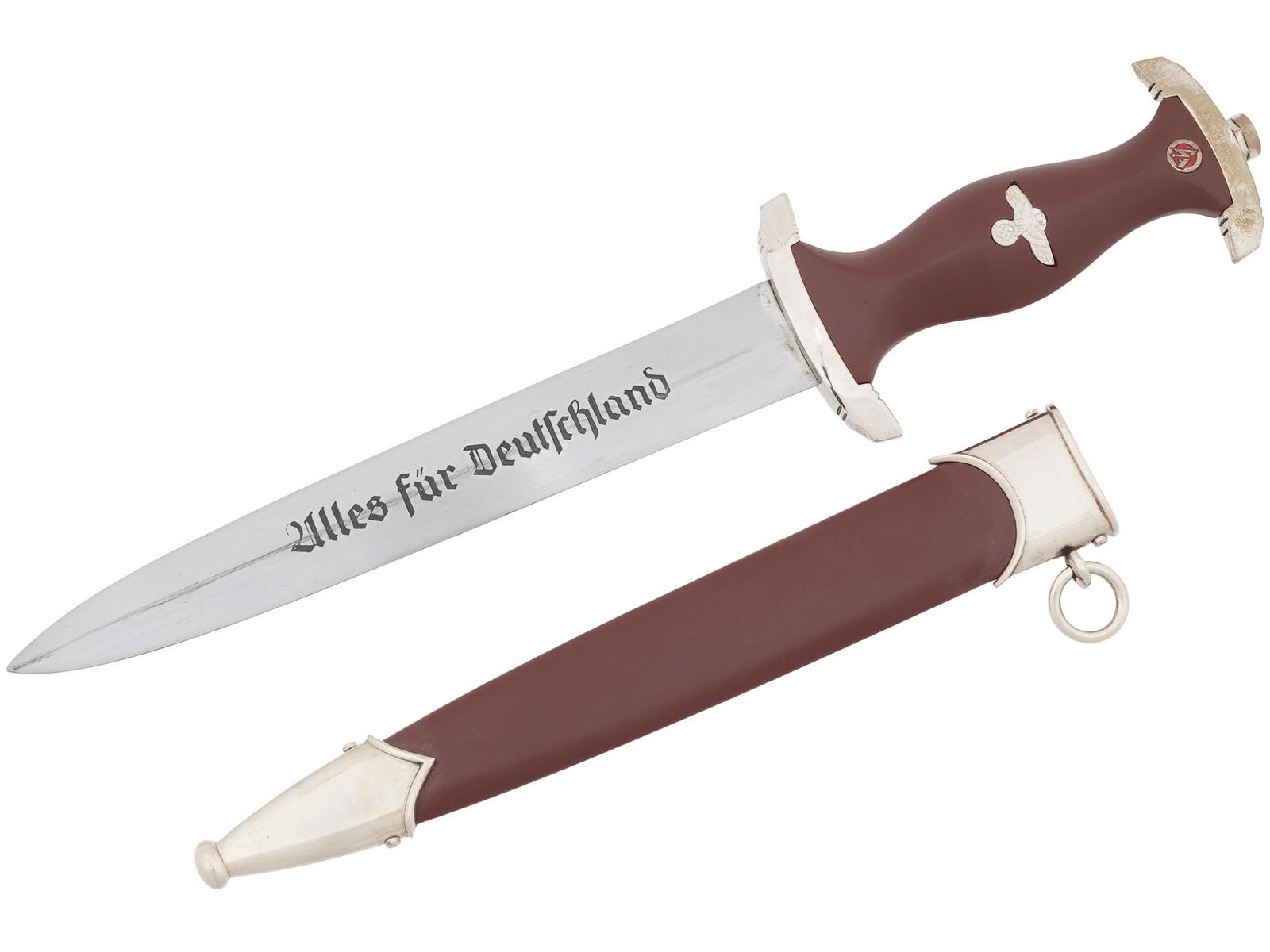 SA GERMAN WWII DAGGER KNIFE ALLES FUR DEUTSCHLAND: A German World War II SA dagger with a double edged steel blade having a blued motto in German: Alles fur Deutschland, translated as Everything for Germany. Features a fruitwood grip with inset eagle