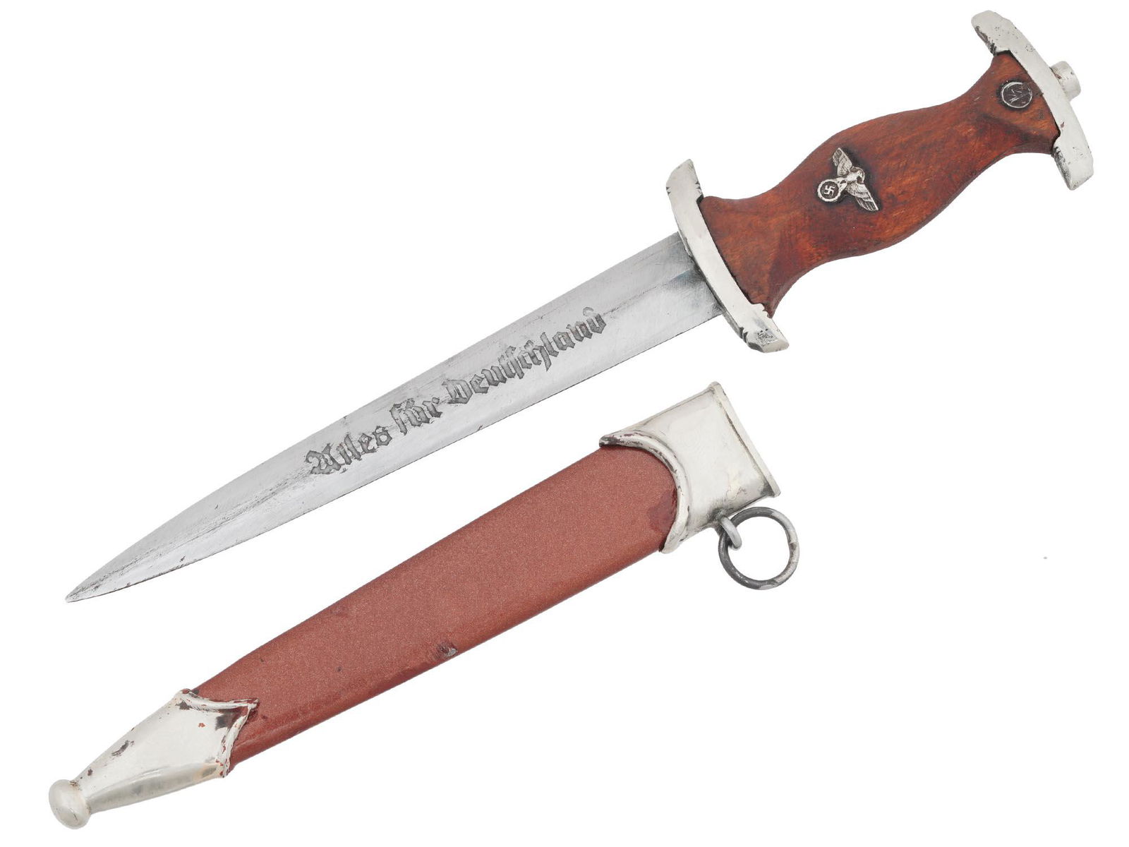 RARE MINIATURE WWII GERMAN THIRD REICH SA DAGGER: A rare miniature WWII Nazi German Third Reich SA dagger with a double edged steel blade. The blade is engraved with a motto in German, Everything for Germany. The dagger features a fruitwood grip with