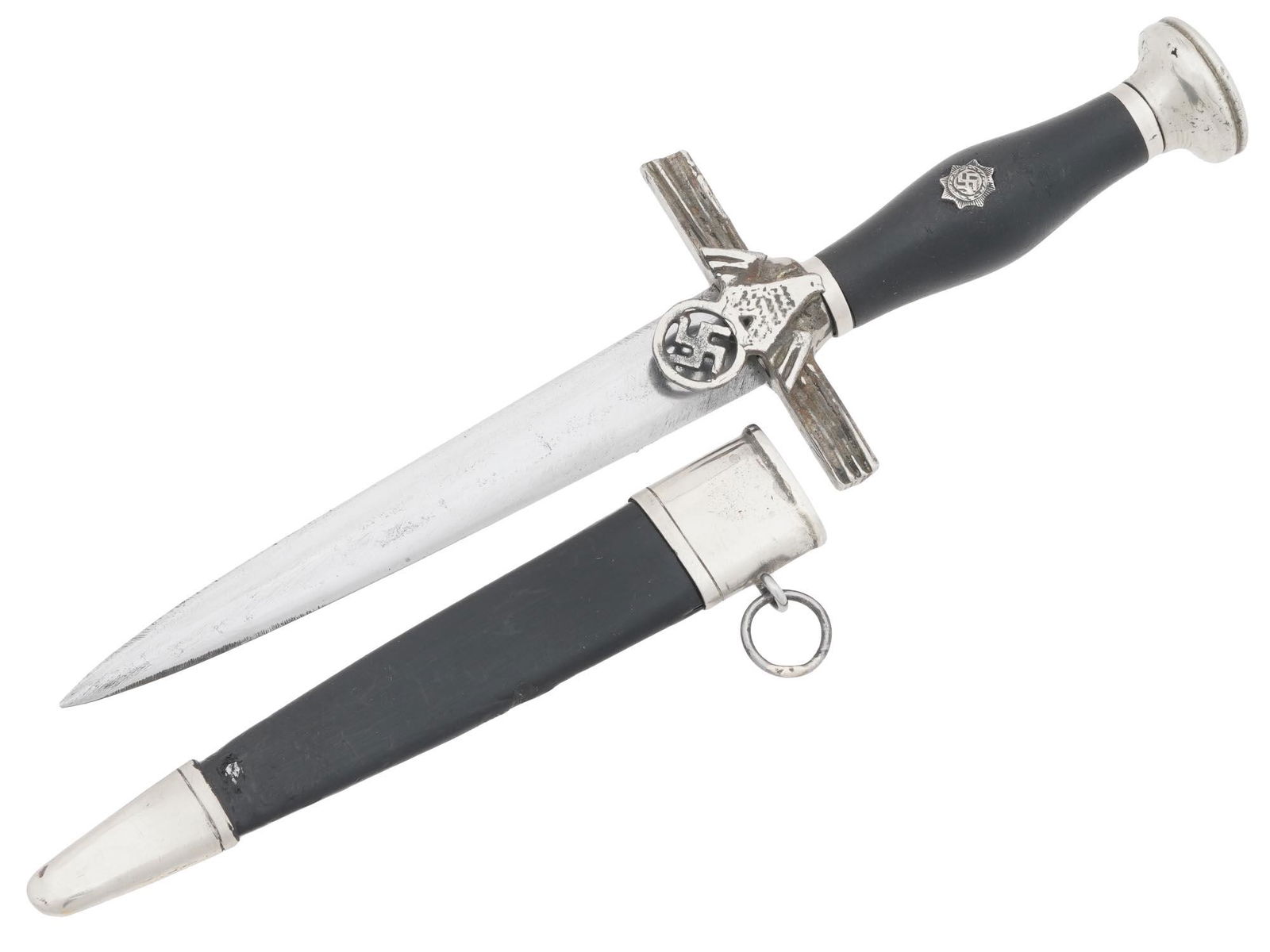 WWII NAZI GERMAN THIRD REICH RLB MINIATURE DAGGER: A rare miniature WWII Nazi German Third Reich RLB dagger. A typical style dagger with steel blade, nickel crossguard, and black painted grip. Crossguard features an eagle head design housing a swastik