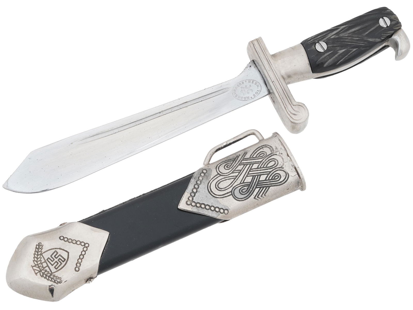 WWII NAZI GERMAN RAD LABOR FRONT MINIATURE DAGGER: A World War II Nazi German miniature stainless steel dagger with a matching black leather scabbard. The dagger has a hardwood grip. The blade is decorated with an acid etched inscription Arbeit adelt,