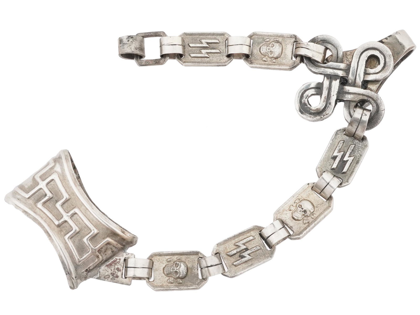 WWII NAZI GERMAN THIRD REICH HANGER FOR SS DAGGER: A WWII Nazi German Third Reich NSKK hanger. The hanger is made in a link design. Each link is engraved with the SS runic symbols and the Totenkopf skull swastika insignias. Marked with M 5 8, RZM mark