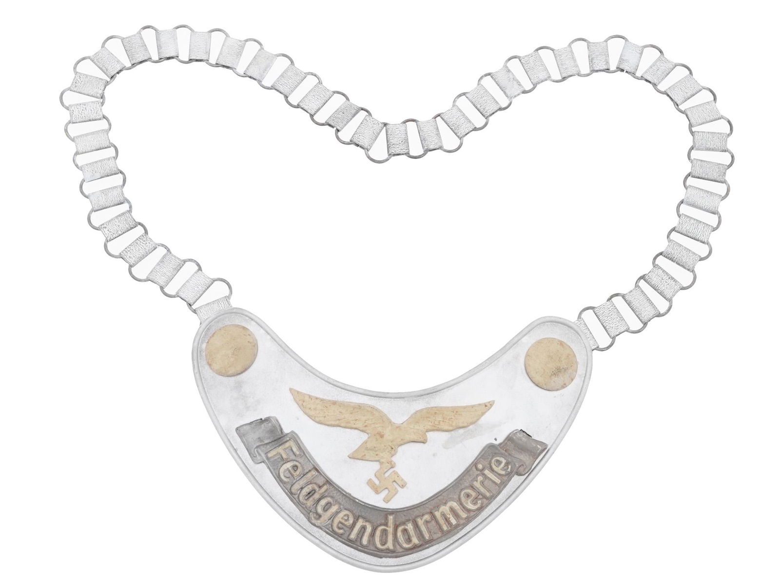 WWII GERMAN LUFTWAFFE MILITARY FIELD POLICE GORGET: A WWII Nazi German Luftwaffe Military Field Police Feldgendarmerie gorget, The gorget is made of die stamped steel construction aluminum coated. The Luftwaffe eagle with a swastika and buttons are pai