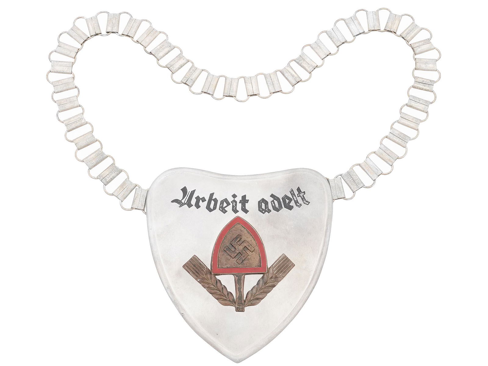 WWII NAZI GERMAN LABOUR SERVICE OFFICERS GORGET: A WWII Nazi German Third Reich RAD Labour Service officers heart shaped gorget. The gorget features a RAD enameled wheat sheafs, and a shovel with the swastika to the centre of the shovel insignia wit