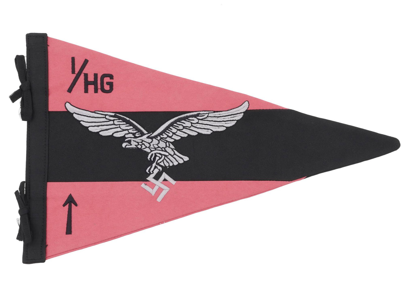 WWII GERMAN THIRD REICH LUFTWAFFE PENNANT FLAG: WWII German Luftwaffe Herman Goring division pennant flag. Double sided. The pennant is made of cotton fabric in black and pink shades. The flag is adorned with an eagle swastika insignia on both side