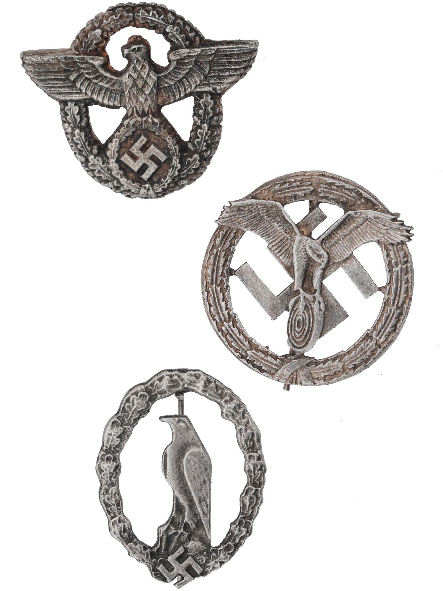 WWII NAZI GERMAN POLICE AND MILITARY BADGES 3 PCS: A lot of World War II Nazi German badges. A total of 3 items: Luftwaffe retired pilots badge, Reichsadler police badge, German Society of Motorsport badge. Second World War Historical Collectables And