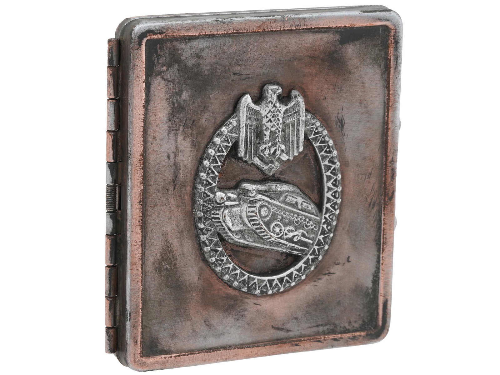 WWII NAZI GERMAN PANZER TROOPS CIGARETTE CASE: A WWII Nazi German Panzer troops cigarette case. Features a Panzer troops marksmanship lanyard insignia, depicting a tank and national eagle with swastika to one of the hinged halves. The other part i