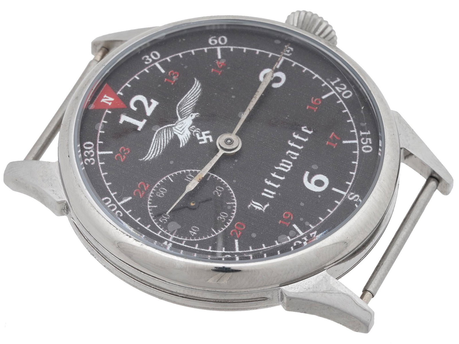 RARE WWII GERMAN LUFTWAFFE SKELETON WRIST WATCH: A WWII Nazi German Luftwaffe pilots wrist watch of a skeleton type with the moving parts visible through the back of it. The black dial features a seconds counter at nine, a Luftwaffe eagle clutching 