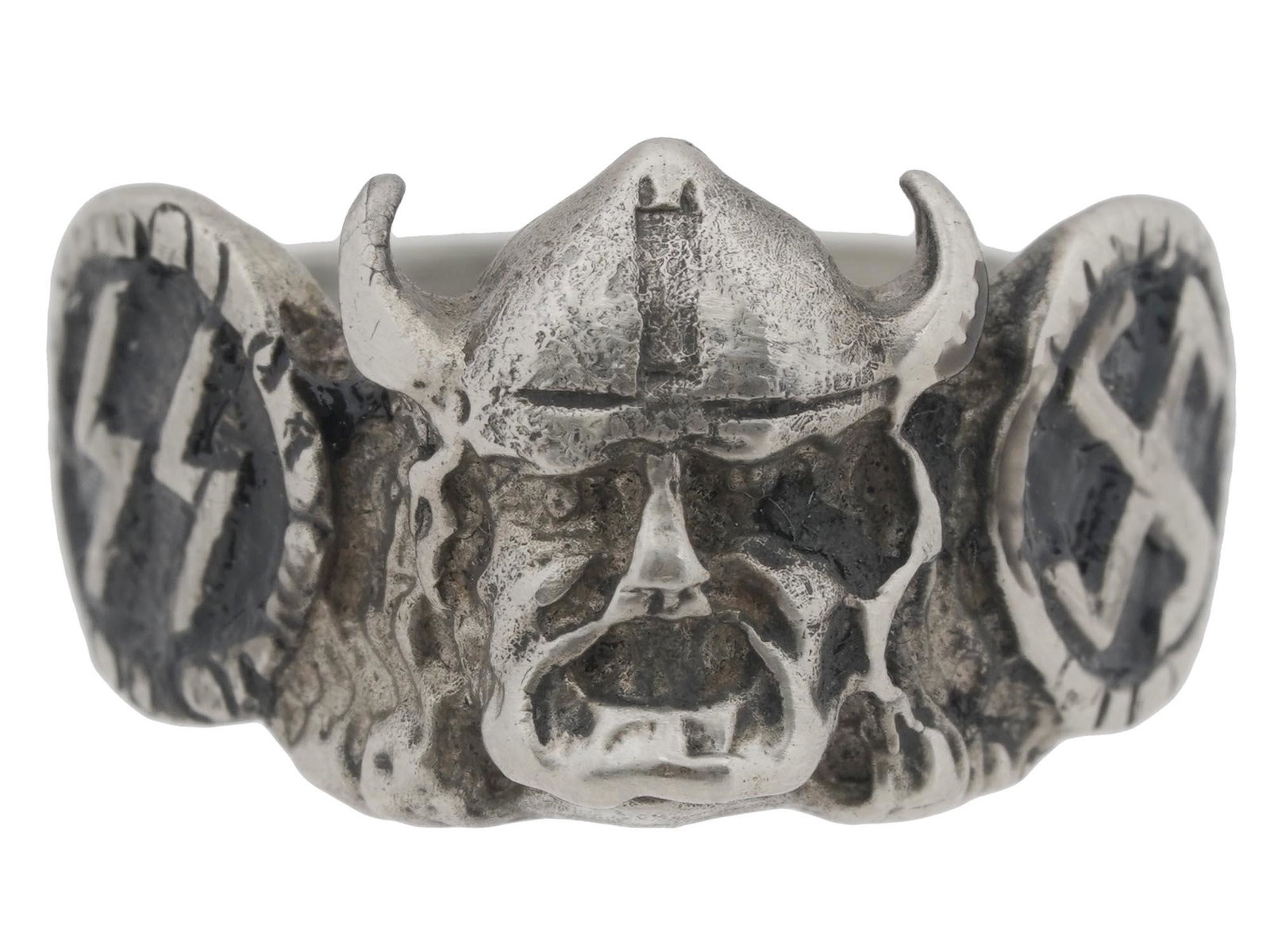 WWII GERMAN THIRD REICH SS 800 SILVER WIKING RING: A WWII German Third Reich SS Wiking 800 Silver ring. The exterior of the ring is engraved and enameled with swastika insignia patterns on the sides, and a relief image of a head of a Viking in the cen