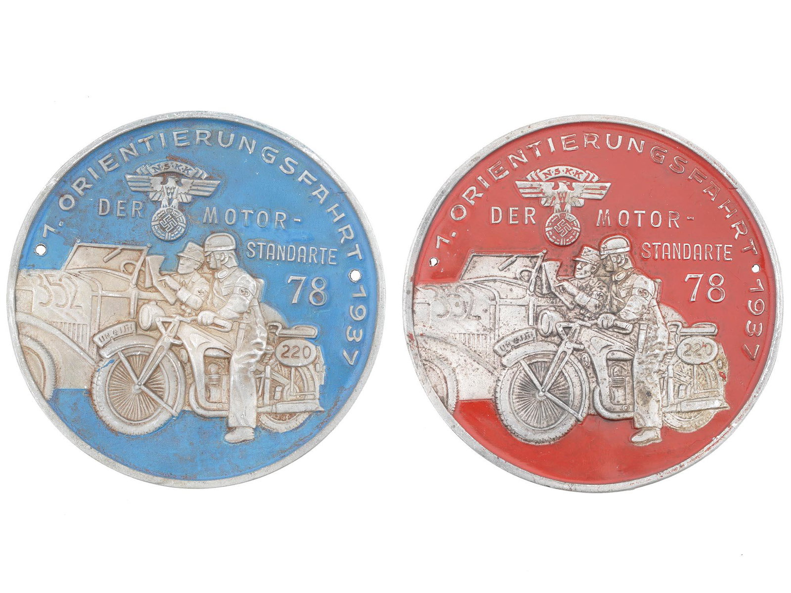 NAZI GERMAN 1937 NSKK RALLY PARTICIPANTS PLAQUES: Two Nazi German NSKK National socialist motor corps orienteering rally participants round shield plaques in blue and red enamel. The plaques are drilled for attachment to a wall or a car or motorcycle