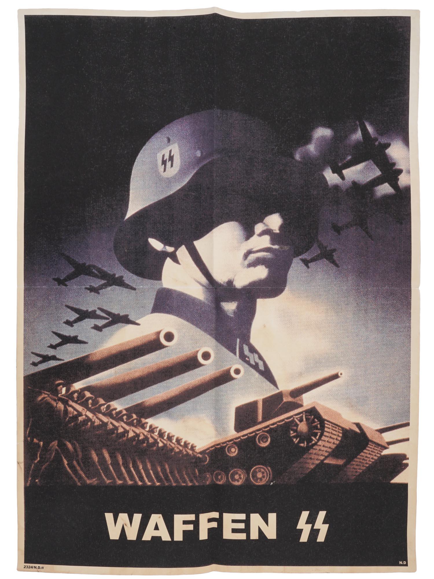 WWII GERMAN THIRD REICH WAFFEN SS PANZER POSTER: A WWII Nazi German Third Reich Waffen SS Panzer lithographic propaganda poster on paper depicting a portrait of a soldier. Titled, Waffen SS, in the print lower to the center. Marked, N. D., in the pr