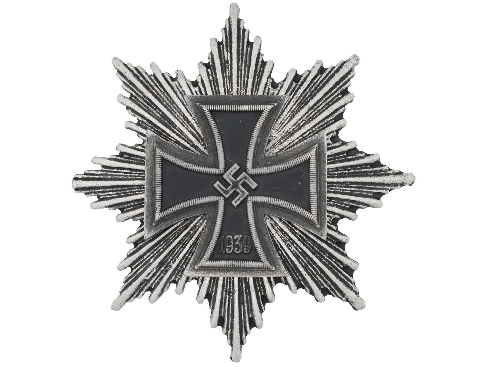 NAZI GERMAN MILITARY ORDER STAR OF THE IRON CROSS: The Star of the Grand Cross of the Iron Cross, the highest Prussian and German military decoration. Cast iron and stainless steel cross patte with crowned swastika and date 1939. This order was awarde