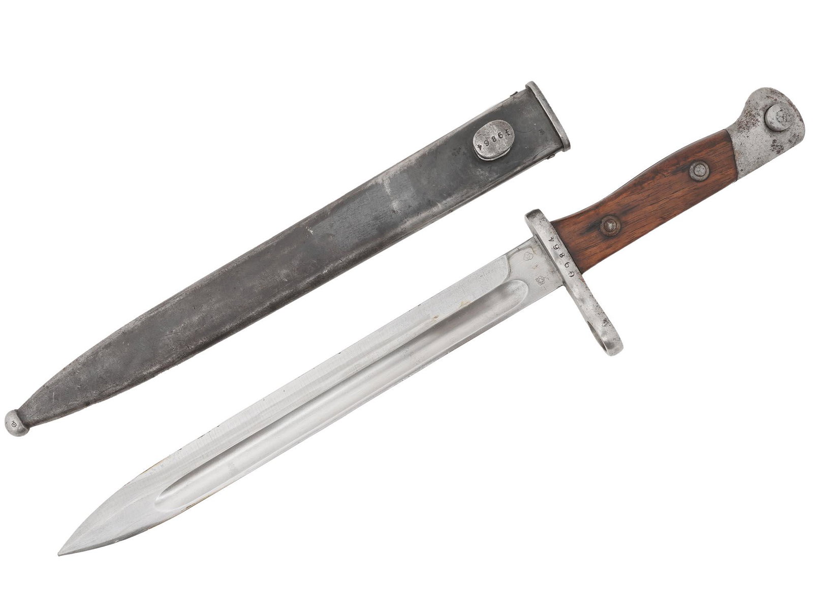 WWII NAZI GERMAN COMBAT BAYONET IN STEEL SHEATH: A World War II German combat bayonet. Stainless-steel blade, wooden handle. Steel sheath. Hallmark Weyersberg Kirschbaum and Co. Solingen, makers marks are on the blade by the crossguard. The sheath i