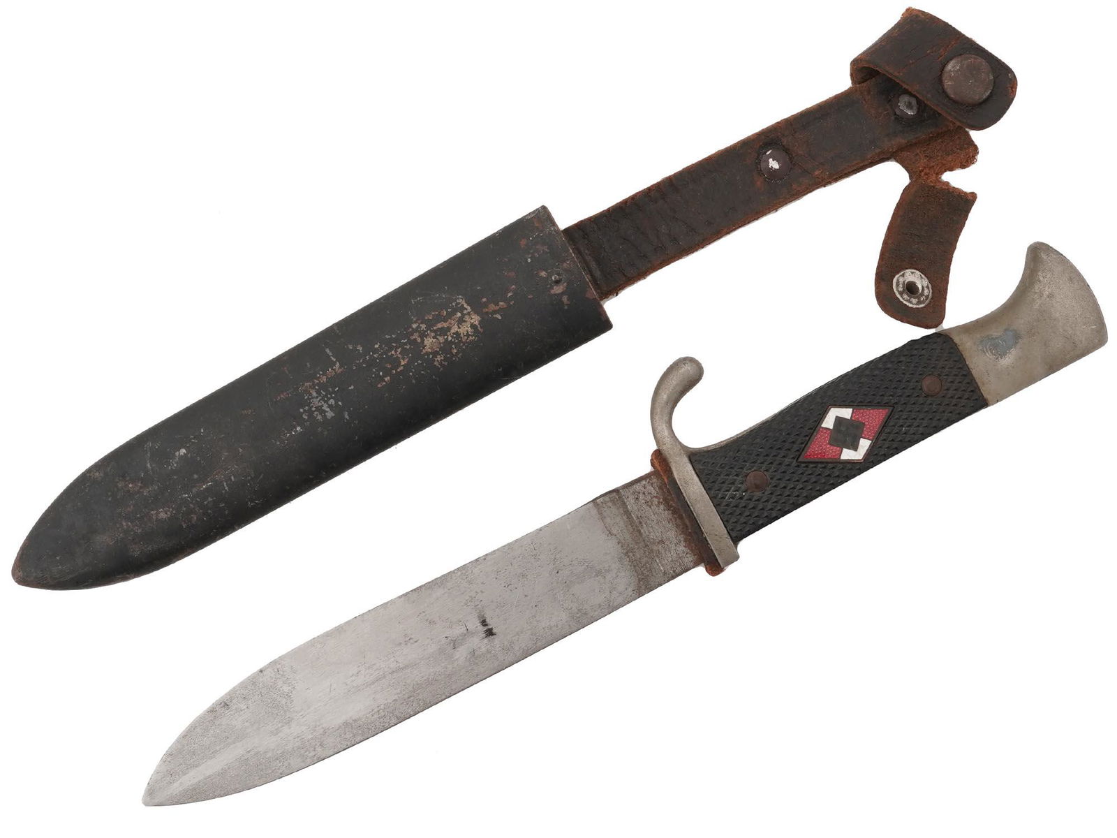 WWII NAZI GERMAN HITLER YOUTH MEMBER DAGGER: A WWII Nazi German Third Reich Hitler Youth member dagger featuring a one side edged steel blade marked RZM to the ricasso. The nickel plated turn up quillon and pommel with two piece black checkered