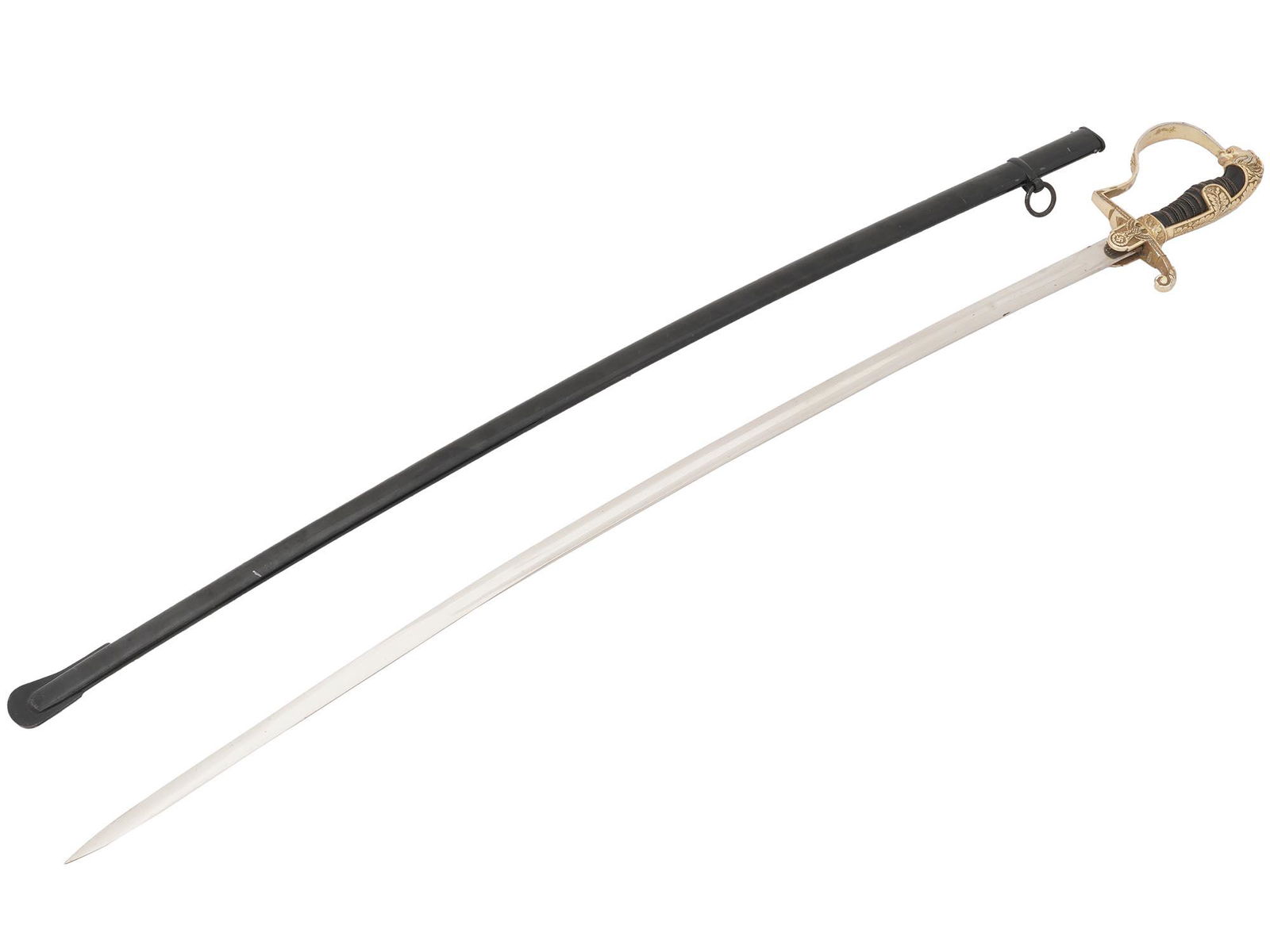 WWII NAZI GERMAN ARMY OFFICER SWORD WITH SCABBARD: A WWII Nazi German Army officer sword featuring a long blade with a high quality nickel plated finish. Marked with Puma to the ricaso. This sword has a cast gilt steel hilt with a panther head pommel.