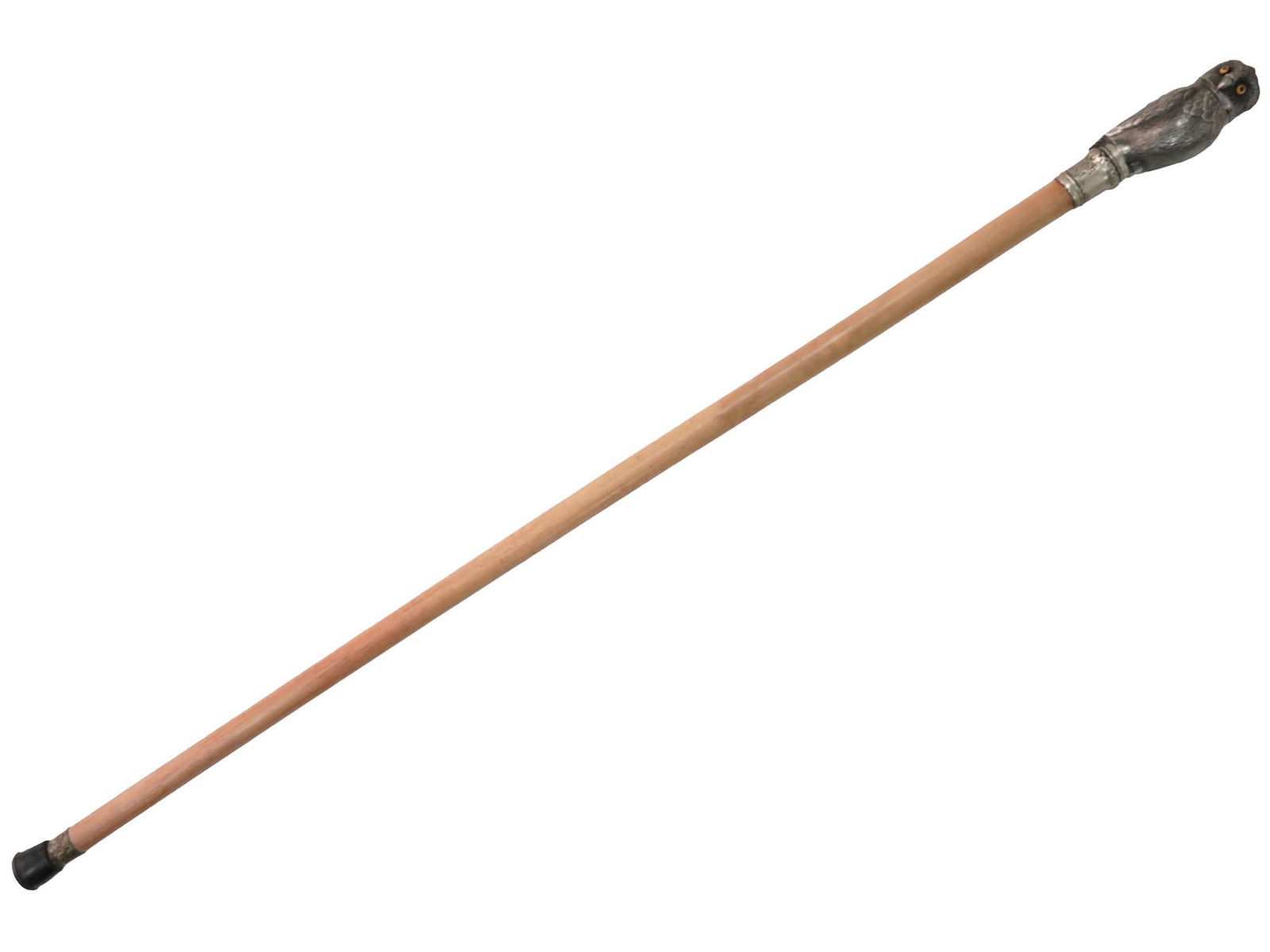 VINTAGE ART DECO FIGURAL OWL WOODEN WALKING CANE: A vintage Art Deco wooden walking cane featuring a hardwood shaft with a non slip black rubber and a figural owl handle with a detachable head hollow inside. Circa the early mid 20th century. Vintage