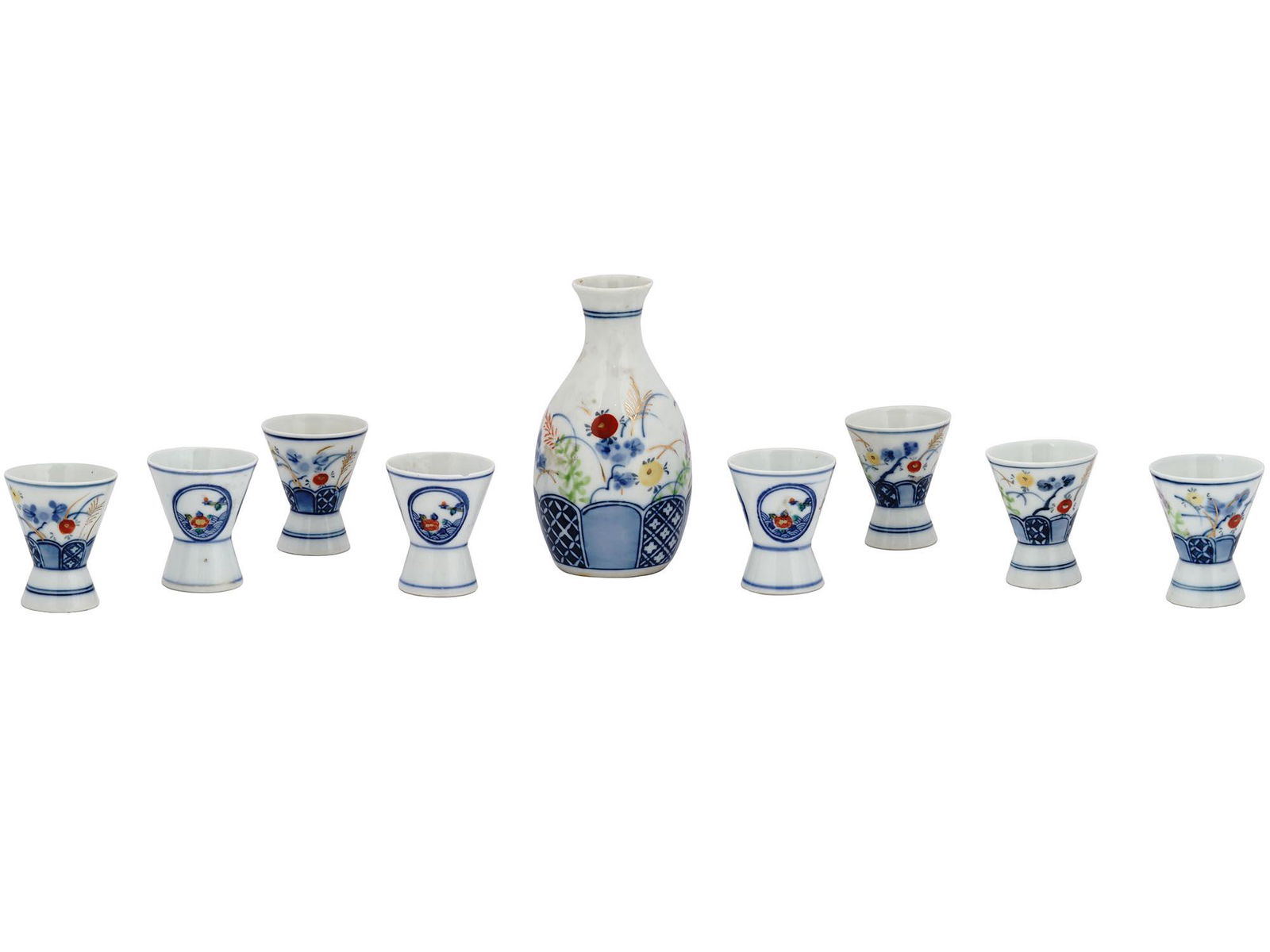 VINTAGE JAPANESE PORCELAIN SAKE BOTTLE AND CUPS (1 of 10)