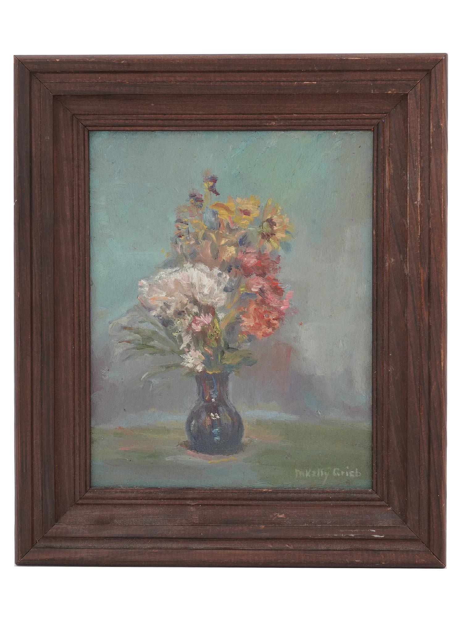 AMERICAN FLOWERS OIL PAINTING BY MARY KELLY GRIEB: Mary Kelly Grieb, a Contemporary American artist, oil painting on board depicting a still life with flowers. Signed lower right. Framed. Marked with an original printed paper label with a monogram, on