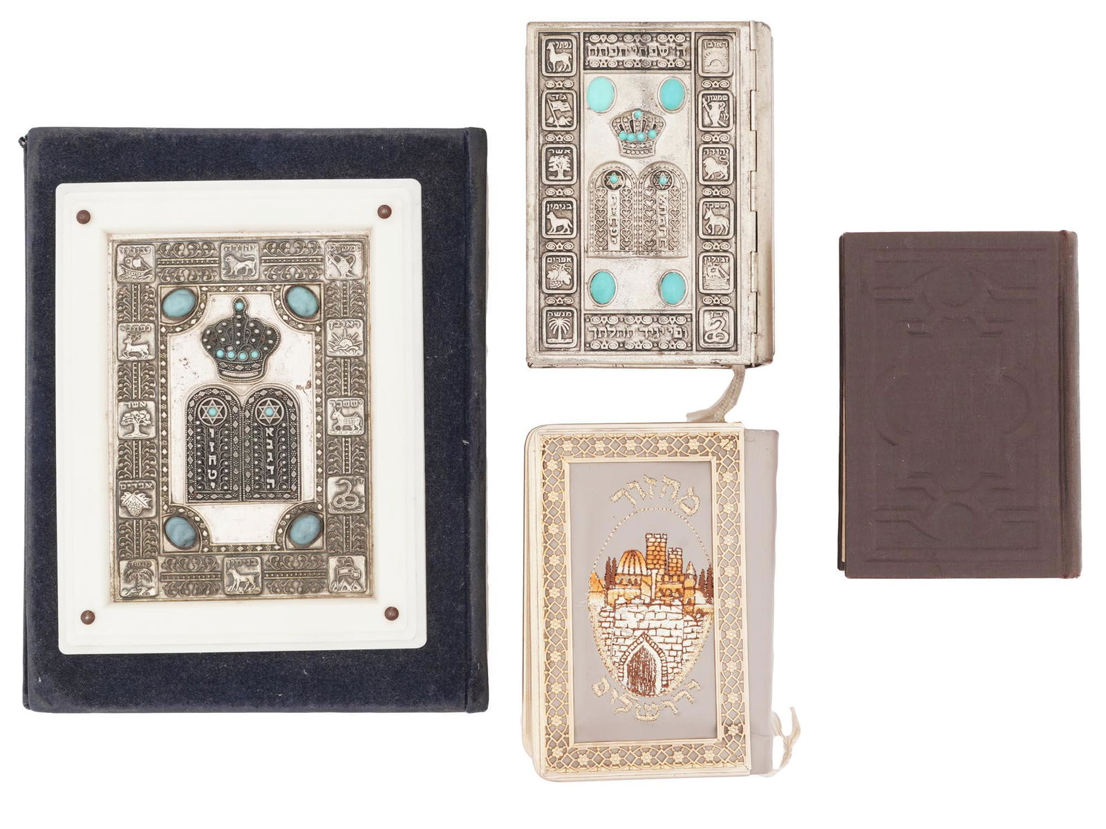 JUDAICA BOOKS, PASSOVER HAGGADAH BY ARTHUR SZYK: A lot of four antique and vintage Jewish religious books. Torah Prophets and Scriptures, published in Amsterdam, a 2015 photocopy of 17th-century edition, embossed metal hardcover with turquoise caboc
