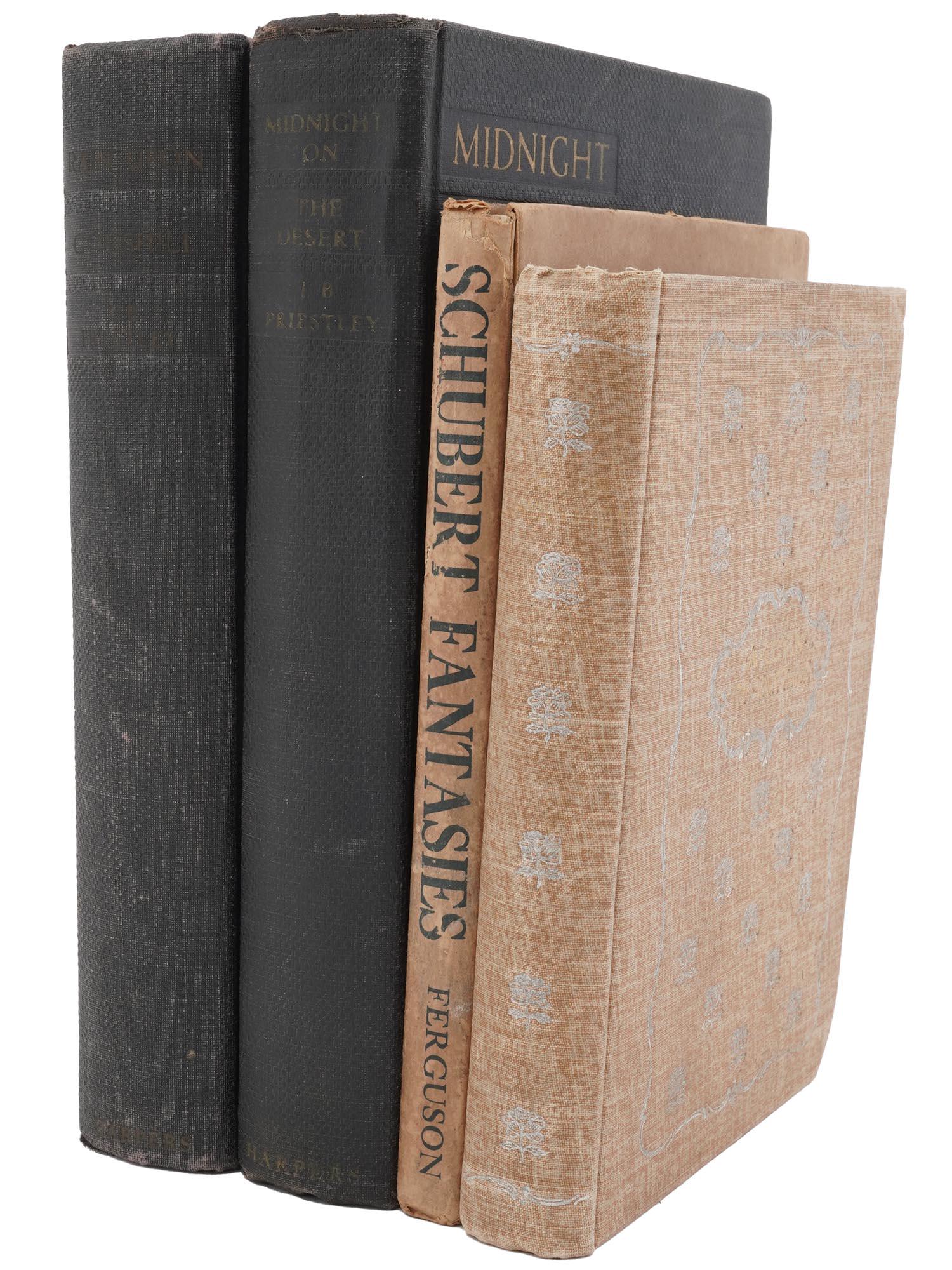 ANTIQUE FICTION BOOKS AND NOVELS BY JB PRIESTLEY: A lot of four early to mid-20th century hardcover books. Midnight on the Desert, Being an Excursion into Autobiography During a Winter in America, 1935-1936, by J.B. Priestley, published by Harper and