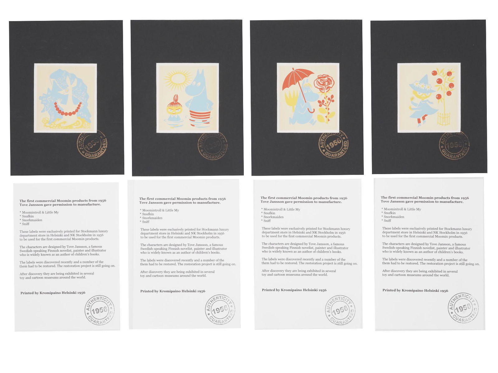 1956 ORIGINAL MOOMIN COLOR PRINTS BY TOVE JANSSON: A lot of four color prints representing the characters of the Moomin series by Tove Jansson, 1914 to 2001, a Finnish writer and illustrator. The artworks represent Moomintroll and Little My, Snufkin,