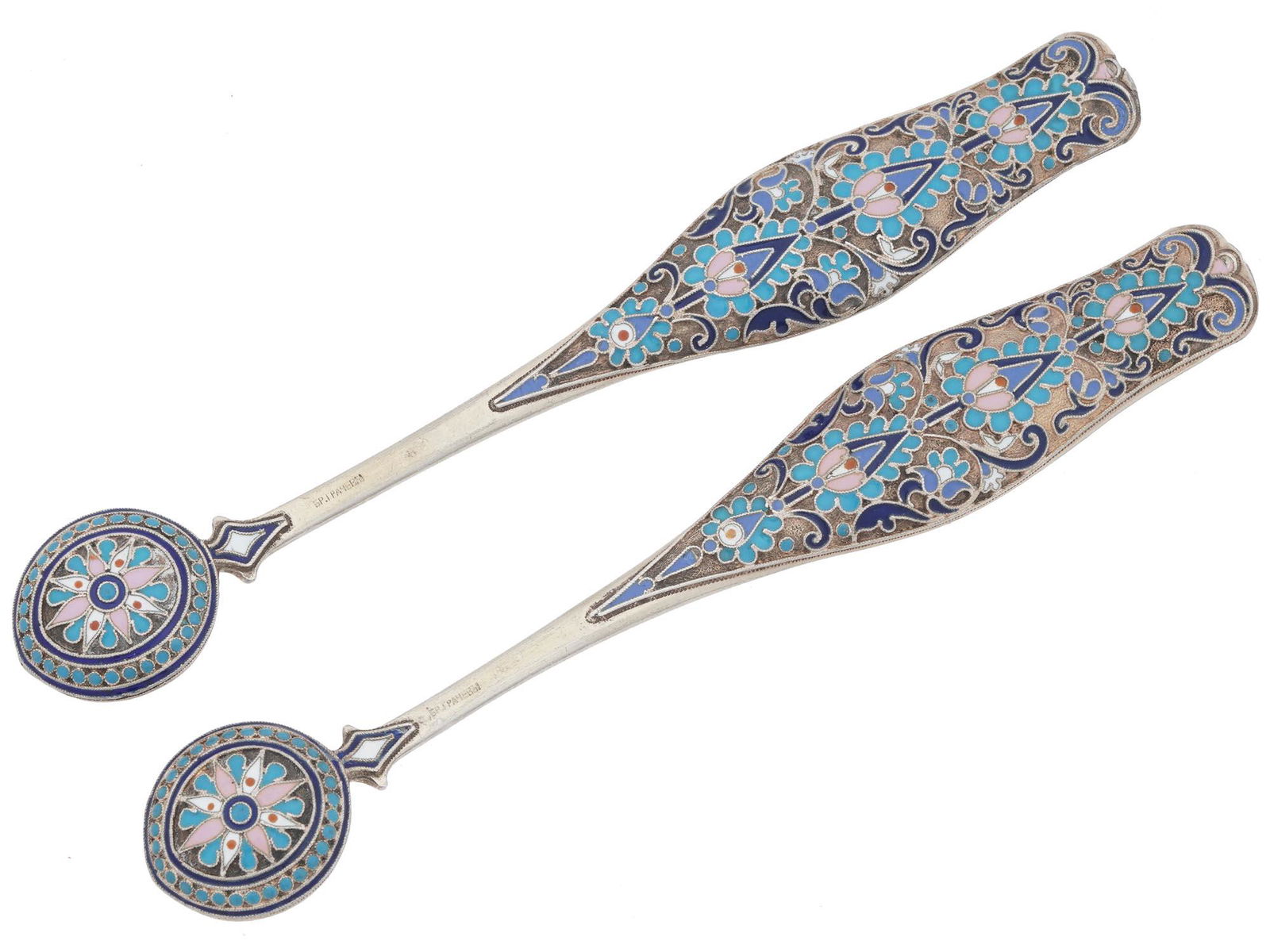 RUSSIAN SILVER CLOISONNE ENAMEL MUSTARD SPOONS (1 of 6)