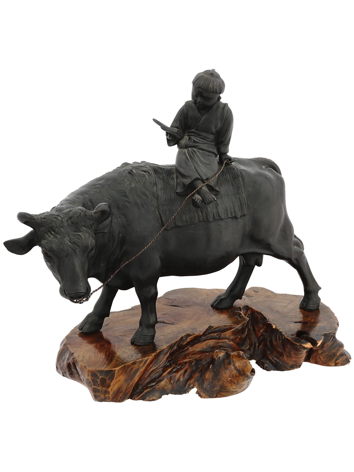 ANTIQUE JAPANESE BRONZE BOY ON COW SCULPTURE (1 of 10)