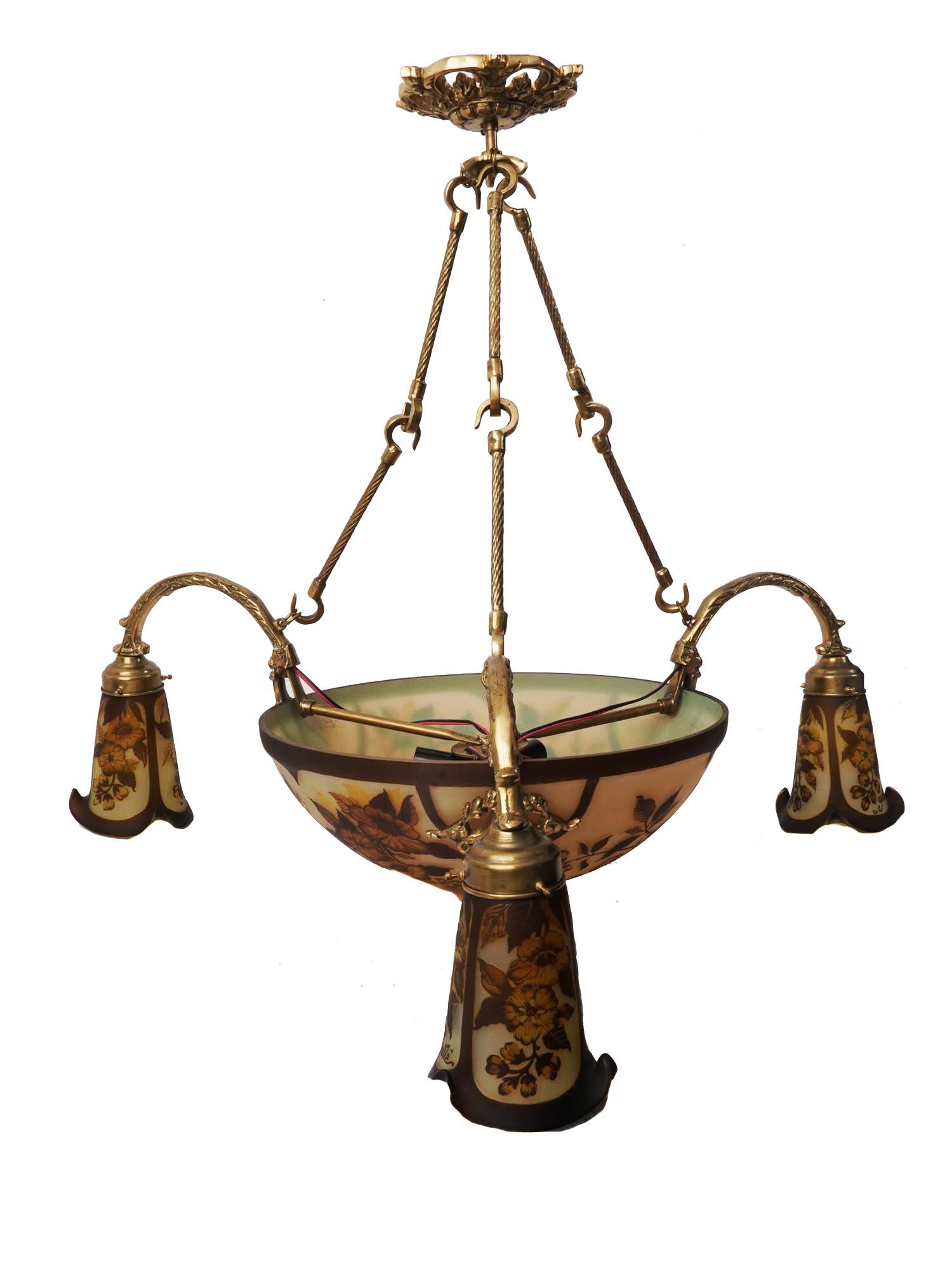 ART NOUVEAU GALLE CAMEO GLASS CHANDELIER: Art Nouveau Galle cameo glass chandelier with floral decorations. With gilt bronze fittings. All shades and the central bowl are signed. Vintage Chandeliers And Lighting Collectibles. Dimensions: Roun