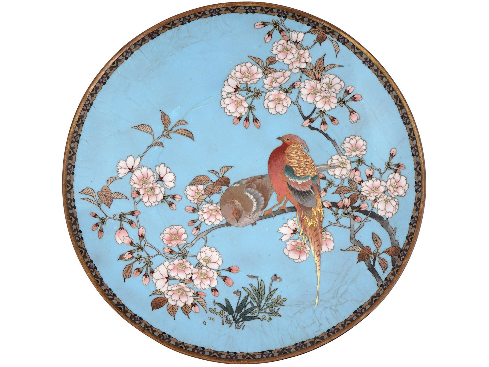 ANTIQUE JAPANESE MEIJI CLOISONNE ENAMEL PLATE: An antique Japanese Meiji period, 1868 to 1912, cloisonne enamel metal charger plate depicting a multicolored composition with two beautiful naturalistic birds sitting on a blooming cherry blossom bru