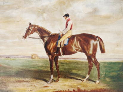 HAND PAINTED PORCELAIN PLAQUE ATTR BEN MARSHALL: Attributed to Benjamin Marshall, English, 1768 to 1835, hand painted porcelain plaque depicting a racehorse with a jockey in a landscape. Circa: early 19th century. Probably stamped and inscribed on t