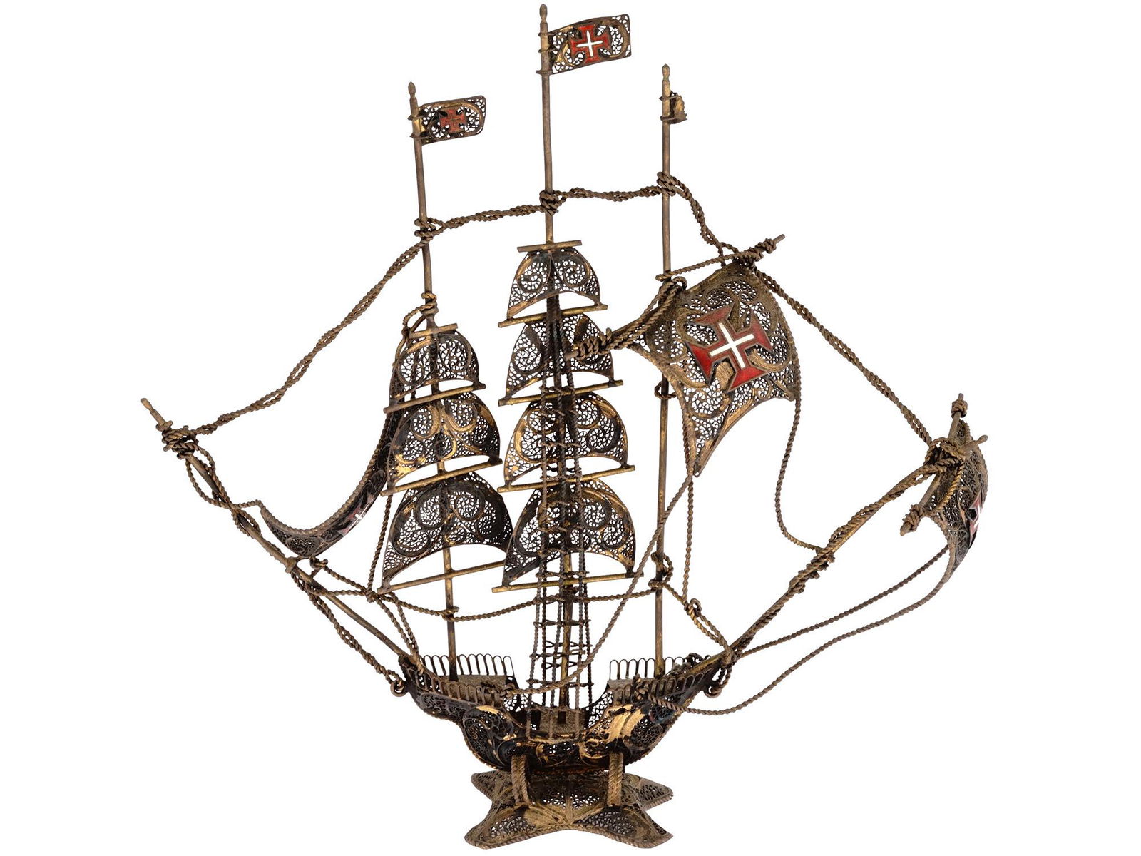 PORTUGUESE SILVER GILT CANNETILLE FILIGREE SHIP (1 of 5)