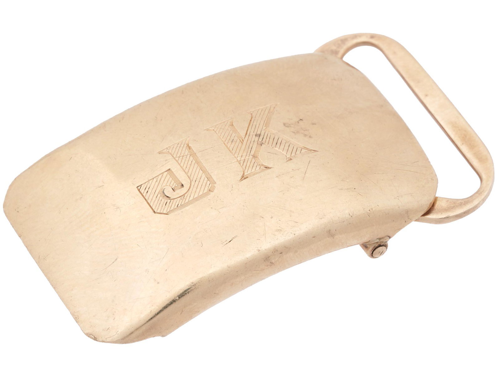 14KT YELLOW GOLD POLISHED DESIGN BELT BUCKLE: A vintage 14K yellow gold belt buckle, stamped and tested, featuring the personal engraving with a JK monogram on top and an engraved personal message To My Darling Husband - Renee, on the edge of a b