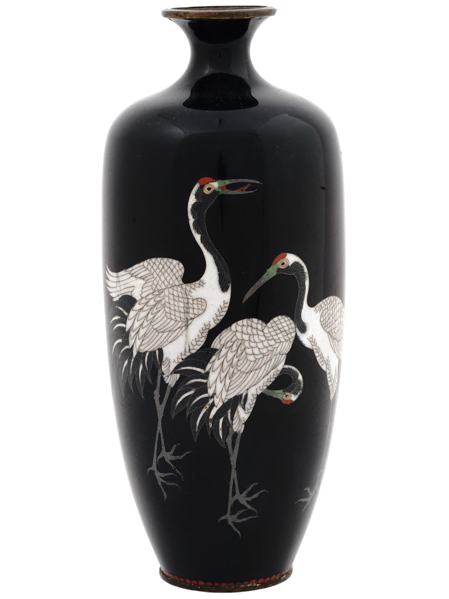 ANTIQUE JAPANESE CLOISONNE ENAMEL VASE W CRANES (1 of 5)