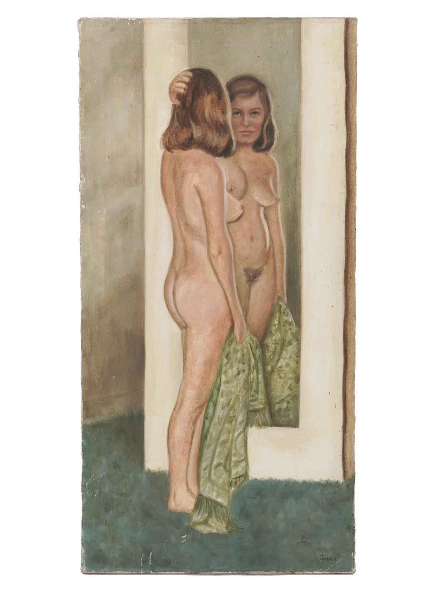 MIDCENT FEMALE NUDE OIL PAINTING BY MILDRED JONES: Oil on canvas painting by Mildred C. Jones, 1899 to 1992, an American artist who specialized in childrens portraits. The artwork depicts a full-length portrait of a nude woman looking at herself in th