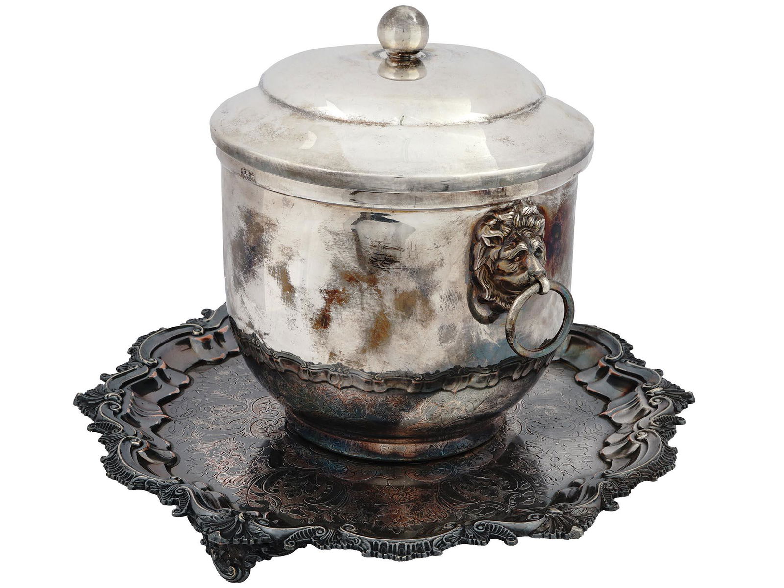 MAPPIN AND WEBB SILVER PLATED TRAY AND ICE BUCKET: A pair of mid-20th century English silver-plated serveware items. Ca. 1950-1960s. First. A lidded ice bucket with lion head ring handles. IFS Ltd. mark for Israel Freeman and Son is on the bottom. Sec