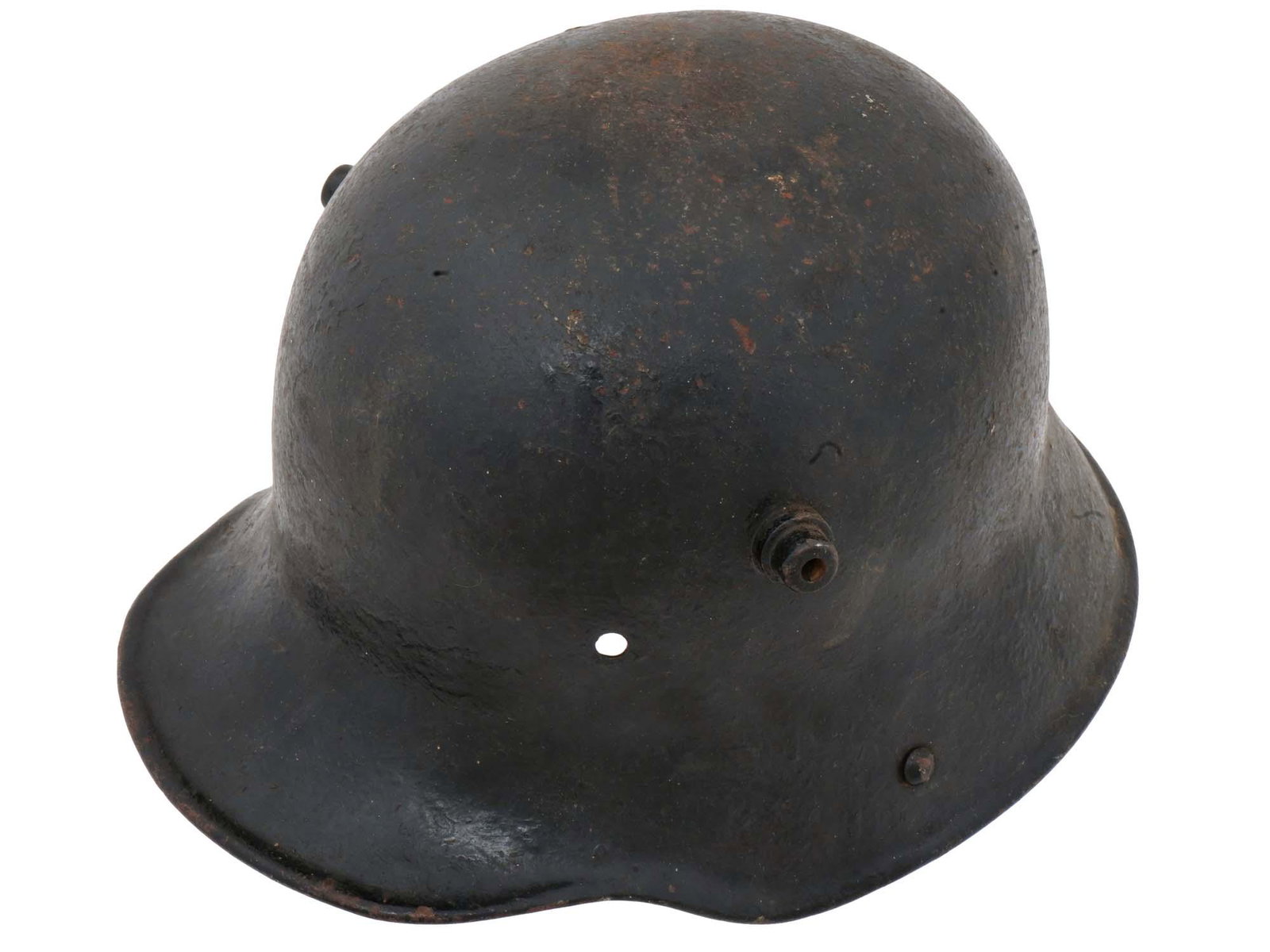 WWII NAZI GERMAN MILITARY STEEL HELMET STAHLHELM: A World War II German military helmet, the Stahlhelm. A steel helmet intended to provide protection against shrapnel and fragments of grenades. Distinctive coal scuttle shape, matte black colour. Embo