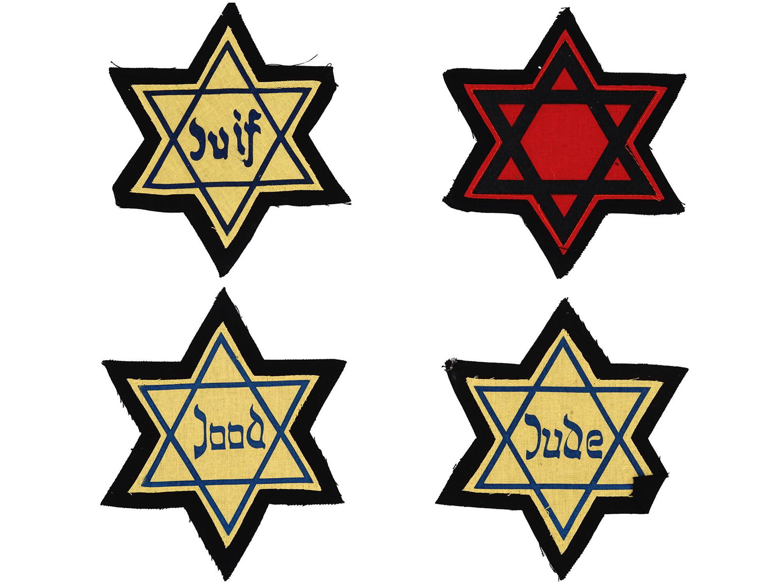 WWII HOLOCAUST JEWISH MAGEN DAVID ARMBANDS 4 PCS: Four World War II fabric armbands in the shape of the Star of David. Three of the items have the inscription Jew in German, Dutch, and French. During World War II Jewish people living in Germany or in
