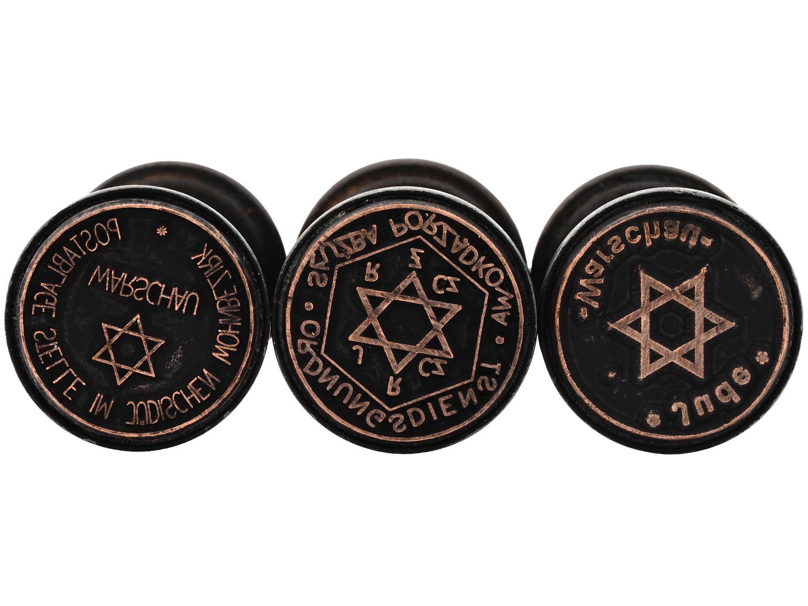 WWII HOLOCAUST JEWISH GHETTO POSTAGE SEALS 3 PCS: Three WWII Polish wooden hand stamps of ghetto administrations. Postablage Stelle im Judischen Wohnbezirk Warschau, Post office in the Jewish residential district of Warsaw. Warschau Jude, Jews of War