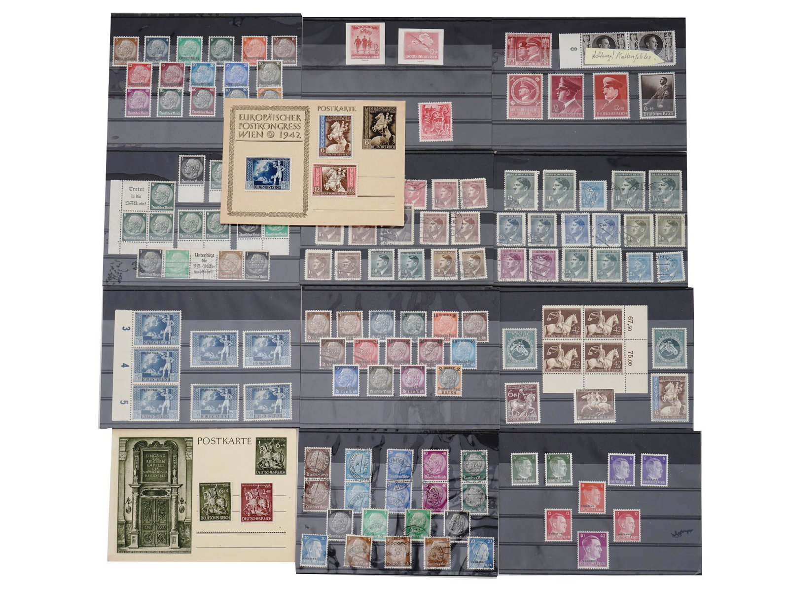 COLLECTION OF WWII NAZI GERMAN POSTAGE STAMPS: A large lot of World War II Nazi German postage stamps. A total of 12 stockbook pages with stamps and 2 collectible postcards. First postcard dedicated to the European Post Congress in Vienna, 1942, w