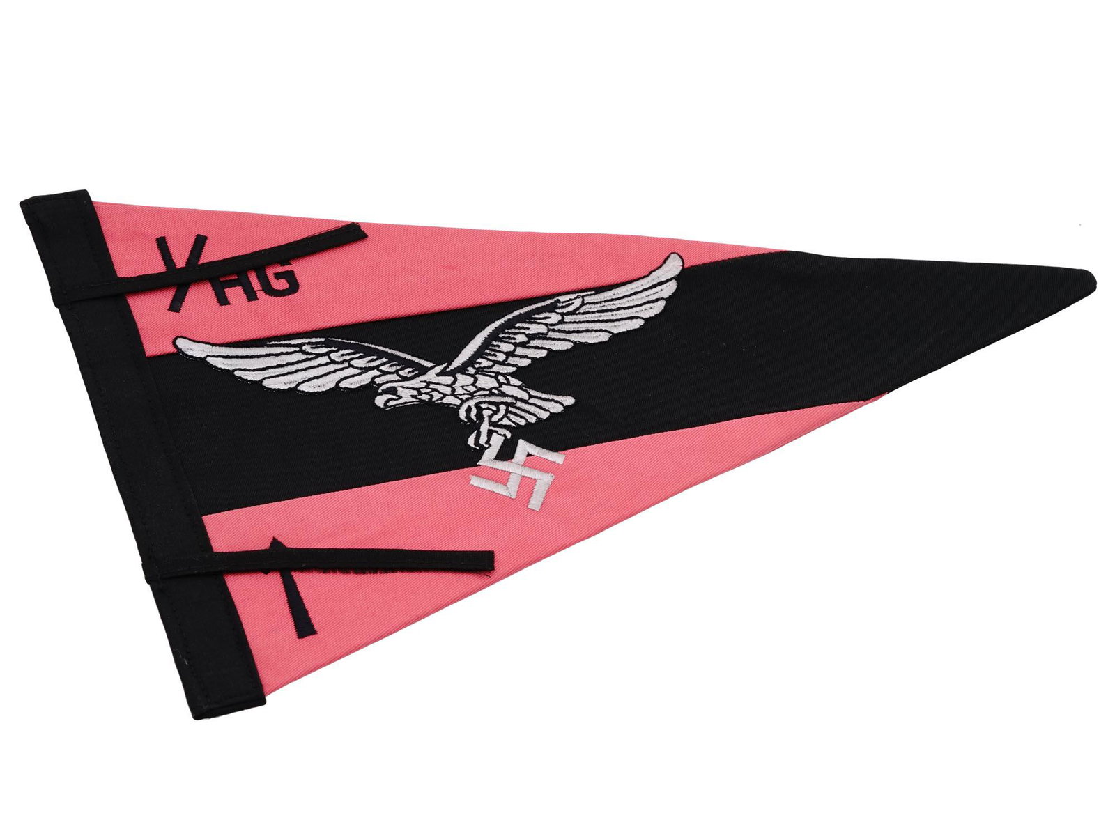 WWII NAZI GERMAN MILITARY LUFTWAFFE PENNANT FLAG: A World War II Nazi German Luftwaffe Herman Goring division pennant flag. Double sided. The pennant is made of cotton fabric in black and pink shades. The flag is adorned with an eagle with swastika i