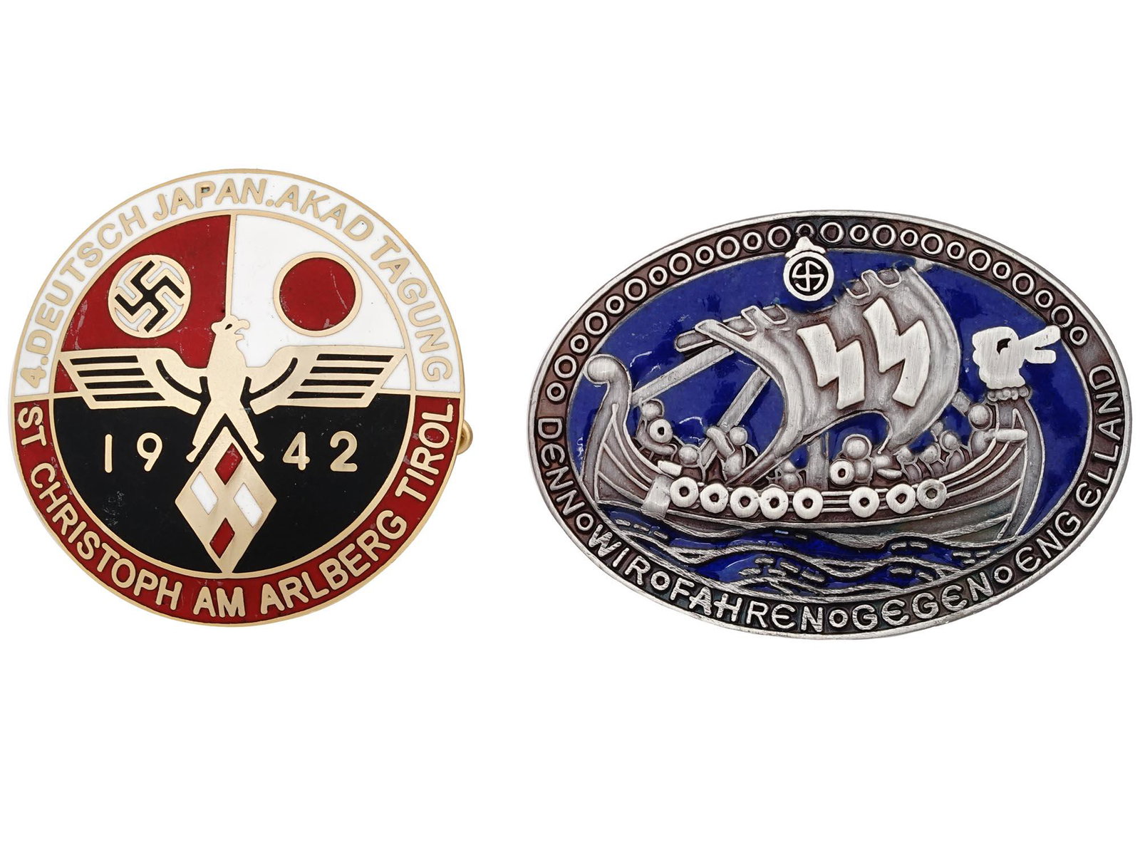 LOT OF WWII NAZI GERMAN THIRD REICH PIN BADGES: A lot of two WWII Nazi German Third Reich pin badges. The lot includes a Waffen SS Division Viking enamel badge depicting a Viking ship with large SS runes on its sail over the legend in German Then W