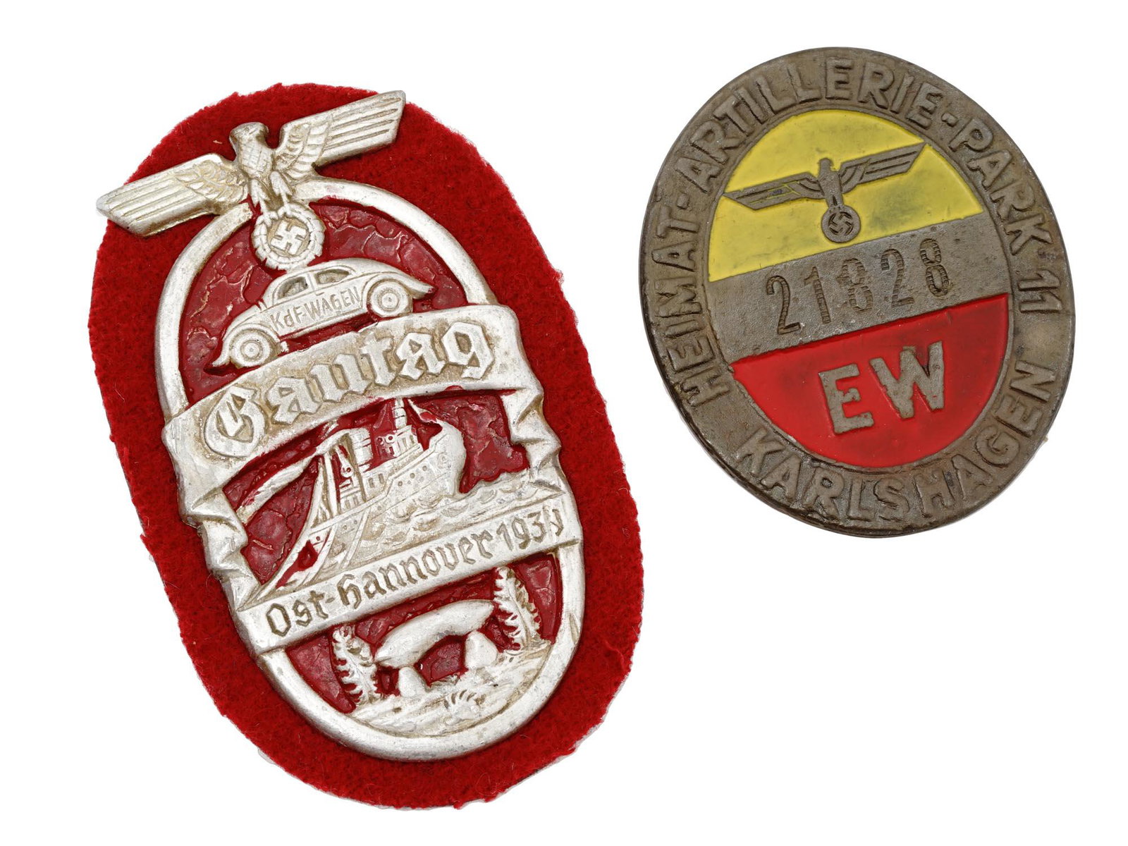 WWII NAZI GERMAN GAUTAG SHIELD ARTILLERY BADGE: A lot of WWII German Nazi Third Reich Military enamel metal awards. The first is a 1939 VW KdF Wagen Gautag Ost Hannover shield, the front shows a Reichsadler; relief images of a Volkswagen Bug and a 