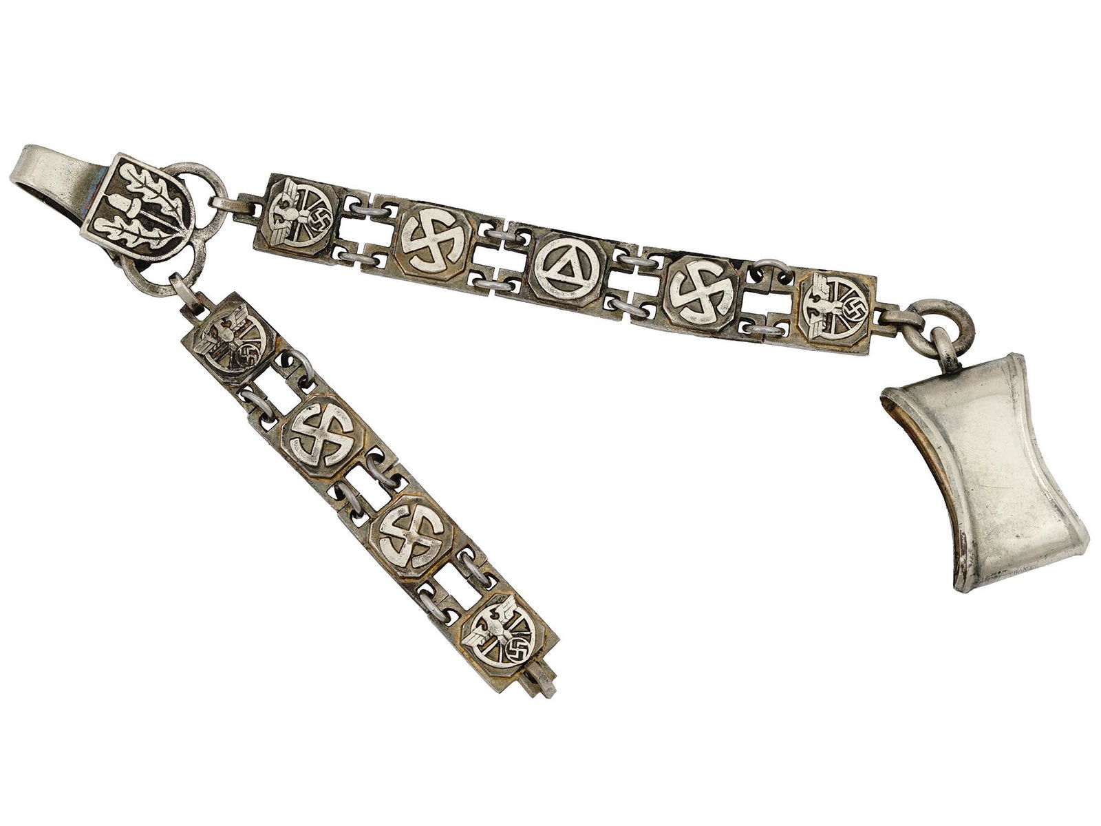 WWII NAZI GERMAN THIRD REICH NSKK DAGGER HANGER: A WWII Nazi German Third Reich NSKK, or National Socialist Motor Corps, dagger hanger. The hanger is made in a link design. Each link is engraved with the runic symbols and the NSKK eagle swastika ins